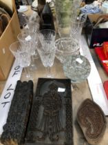 THREE EASTERN PRINTING BLOCKS, GLASSWARES ETC.