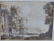 RICHARD EARLOM AFTER CLAUDE LORRAINE, ANCIENT RUINS AND GOATS IN A LANDSCAPE, MEZZOTINT AND ETCHING,