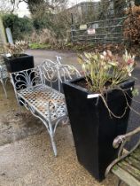 A PAIR OF TALL SQUARE TAPERED TERRACE PLANTERS WITH SHRUBS.