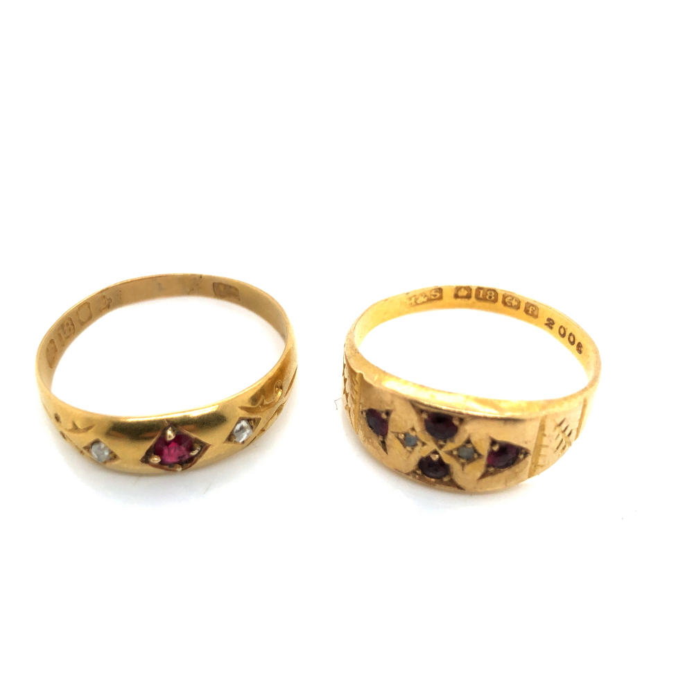 AN ANTIQUE 18ct GOLD RUBY AND DIAMOND PANEL RING DATED 1905 TOGETHER WITH A FURTHER VICTORIAN 18ct