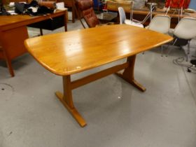 A G-PLAN DINING PINE TABLE. W 152 x D 85 x H 73cms. TOGETHER WITH FOUR STICK BACK DINING CHAIRS WITH