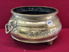 A POLISHED BRONZE CENSER, WITH LION MASK AND RING HANDLES ON THE SHOULDERS ABOVE A BAND OF