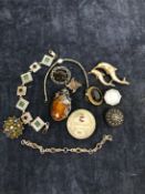 A LARGE SILVER AND AMBER PENDANT BROOCH WITH FOLIATE DESIGN TOGETHER WITH EIGHT FURTHER SILVER AND