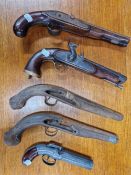 FOUR EARLY 19th C. PISTOLS, ONE WITH A PERCUSSION CAP MECHANISM, THE OTHERS WITHOUT MECHANISMS