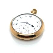 AN ANTIQUE TISDALL OPEN FACE POCKET WATCH, THE INSIDE REVERSE COVER STAMPED FORTUNE GOLD FILLED. THE