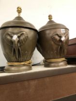 A PAIR OF ELEPHANT DECORATED LARGE TABLE LAMPS