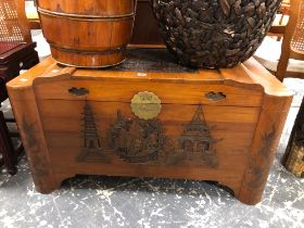 A 20th C. CHINESE COFFER, THE LID CARVED WITH A SAILING JUNK PANEL