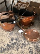 A QUANTITY OF FIRE SIDE COPPER WARES ETC.