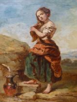 FOLLOWER OF ISAAC HENZELL, YOUNG GIRL FILLING A JUG IN A ROCKY LANDSCAPE, OIL ON CANVAS, 27 X 36.