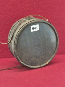 AN IRON COOPERED OAK DRINKS KEG STAMPED W D AND 1860. Dia. 18.5cms. ORINIAL NAVY BLUE PAINT.