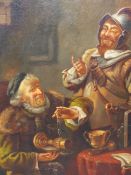 19th CENTURY EUROPEAN SCHOOL- WEIGHING IN THE PLUNDER. GOLD MERCHANT AND HELMETED SOLDIER IN AN