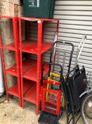 A PAIR OF GARAGE SHELVING UNITS, THREE SACK TRUCKS AND A PAIR OF FOLDING GARDEN ARMCHAIRS.