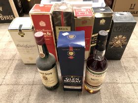 9 BOTTLES VARIOUS WHISKIES TO INCLUDE 1 BOTTLE EACH OF JOHNNIE WALKER RED LABEL BLENDED SCOTCH