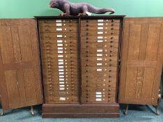 A VICTORIAN OAK CABINET OF TWO FOUR PANELLED DOORS ENCLOSING BANKS OF 40 COLLECTORS DRAWERS
