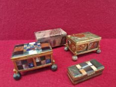 THREE ANTIQUE SPECIMEN STONE TABLE BOXES WITH HINGED LID TOGETHER WITH A SPECIMEN STONE VESTA, THE