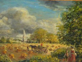 ENGLISH SCHOOL (19th CENTURY), MOTHER AND CHILD WATCHING HAY MAKERS IN A LANDSCAPE WITH A CHURCH