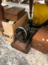 TWO WOODEN BOXES, A QUANTITY OF RUG WOOL, A SEWING MACHINE ETC.