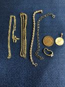 GOLD JEWELLERY TO INCLUDE A ROPE BRACELET AND NECKLACE, A BELCHER BRACELET, AN ARIES HOROSCOPE