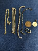 GOLD JEWELLERY TO INCLUDE A ROPE BRACELET AND NECKLACE, A BELCHER BRACELET, AN ARIES HOROSCOPE