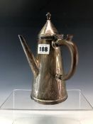 A SILVER CHOCOLATE POT BY THOMAS BRADBURY, SHEFFIELD 1915, A BROWN HANDLE TO ONE SIDE OF THE