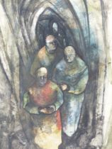 EUROPEAN SCHOOL (20th CENTURY), THREE MONKS IN A CLOISTER, WATERCOLOUR, 35.5 X 52cm.