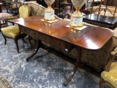 A 19th C. ROSEWOOD CROSS BANDED MAHOGANY SOFA TABLE WITH TWO DRAWERS. W 143 x D 61 x H 72cms.