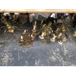 THREE CHANDERLIERS AND TWO BRASS WALL SCONCES