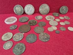 COINS: TO INCLUDE TWO GEORGE III CROWNS, ANOTHER VICTORIAN, INDIAN RUPEES, A SPANISH 1796 SILVER