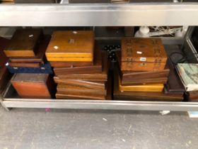 A LARGE COLLECTION OF ANTIQUE AND OTHER CUTLERY BOXES, WRITING BOXES ETC.