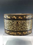 A 19th C. CHINESE EXPORT LACQUER OVAL CASED PEWTER TWO CANNISTER TEA CADDY, THE FLORAL BANDED