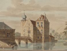 DANISH SCHOOL (18th CENTURY), 'T HUUS DENES, MANSION WITH RIVER AND BOAT, TITLED, WATERCOLOUR, 22
