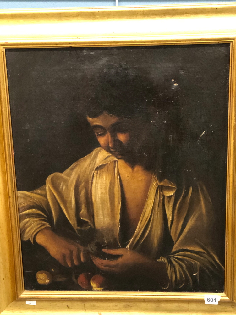 AFTER THE OLD MASTERS. (EARLY 19th CENTURY) A YOUNG MAN PEELING APPLES. OIL ON CANVAS 50 X 60 cm. - Image 7 of 8