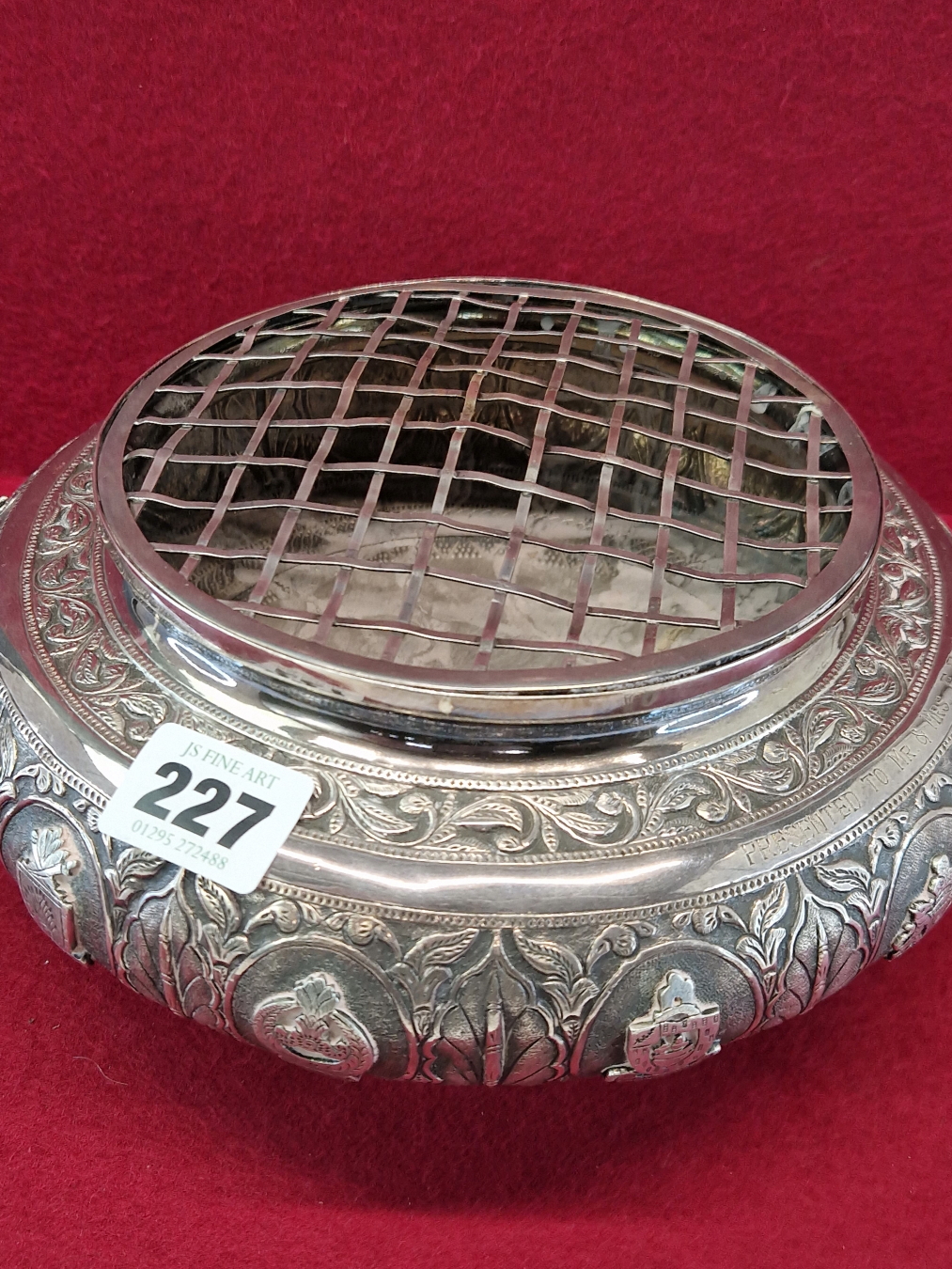 A BURMESE WHITE METAL 1960 PRESENTATION ROSE BOWL AND GRILLE COVER, THE BUN SHAPED SIDES WITH TOWN - Image 14 of 16