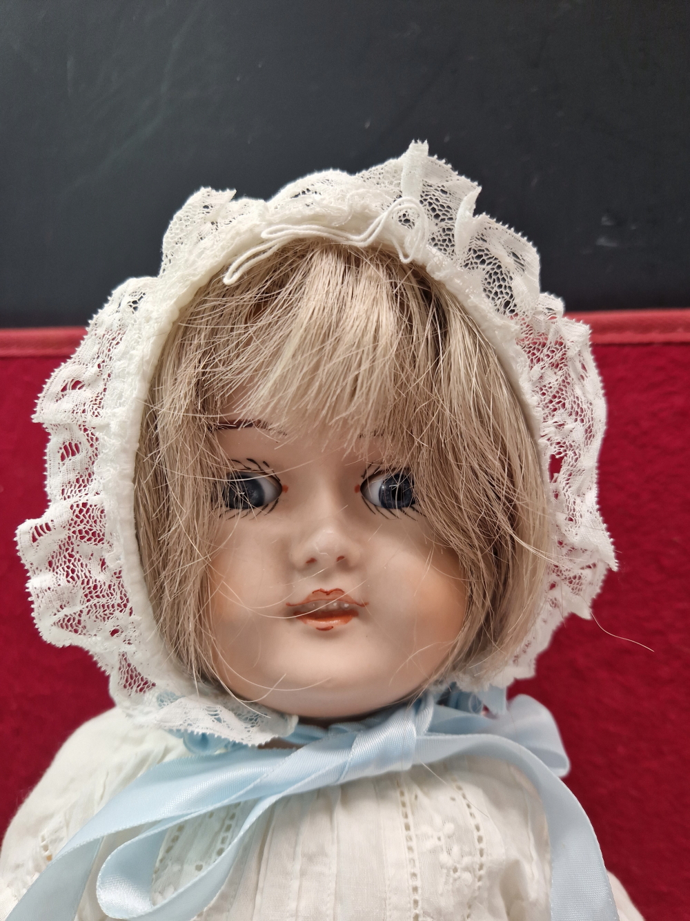 AN ENGLISH BISQUE HEADED DOLL WITH MOVING EYES AND CLOSED MOUTH. H 51cms. - Image 2 of 7