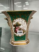 A 19th C. PARIS PORCELAIN TWO HANDLED VASE, THE COVER PIERCED TO HOLD FLOWERS, THE SIDES PAINTED