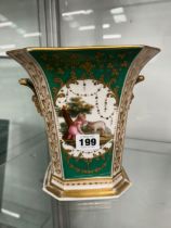 A 19th C. PARIS PORCELAIN TWO HANDLED VASE, THE COVER PIERCED TO HOLD FLOWERS, THE SIDES PAINTED