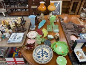 A COLLECTION OF EGG CUPS, A PAIR OF TABLE LAMPS, A CARVED WOOD OVERMANTEL, CAR MEDALLIONS, A TEDDY