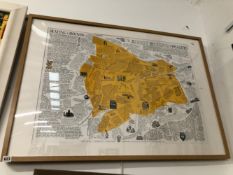 A LARGE FRAMED PICTORIAL MAP OF THE ANCIENT BOUNDARY OF READING