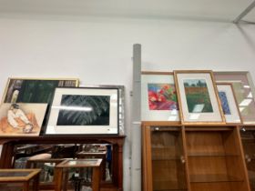A GROUP OF MODERN DECORATIVE PICTURES INCLUDING PAINTING AND PENCIL SIGNED PRINTS ETC