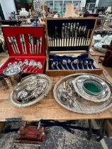 TWO CANTEENS AND LOOSE ELECTROPLATE CUTLERY, A SILVER CHRISTENING MUG TOGETHER WITH A SILVER KNAPKIN