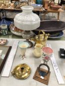 AN OIL LAMP, A BRASS HOT WATER CAN, A MALING, A CLARICE CLIFF VASE, TWO PRINTS ETC.