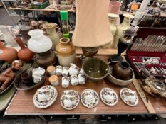 AN OIL LAMP, TWO TABLE LAMPS, SHERIDEN TEA WARES, STUDIO POTTERY BOWLS, ETC.