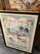 AN ANTIQUE STYLE FRENCH ADVERTISING POSTER TOGETHER WITH THREE PRINTS AND ENGRAVINGS (4)