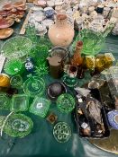 A QUANTITY OF ART GREEN GLASS, POTTERY JUG, A PRESERVED TARANTULA BODY, OTHER GLASS AND METAL WARE