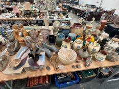 STUDIO POTTERY, TERRACOTTA HEADS, AFRICAN FIGURES AND A WOODEN MONGOOSE, ETC.