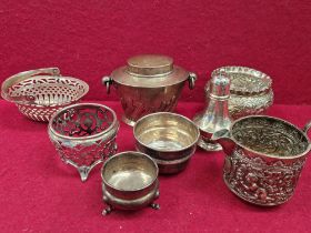 HALLMARKED SILVER TO INCLUDE A SWING BASKET, TEA CADDY, PEPPER MILL, MILK JUG ETC. GROSS WEIGHT