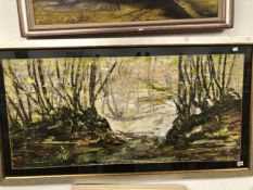 A LARGE ACRYLIC OF A WOODLAND SCENE TOGETHER WITH AN OIL ON THE CANVAS OF A MARITIME FORTIFICATION