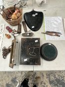 A BRASS LETTER RECIEVER, A NUTMEG GRATER, CROWN BOTTLE OPENERS, A TIN CASH BOX, TOGETHER WITH