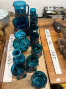 NINE ART GLASS DRINKING TUMBLERS A JUG AND A BOWL. A LIDDED VASE AND ONE OTHER.