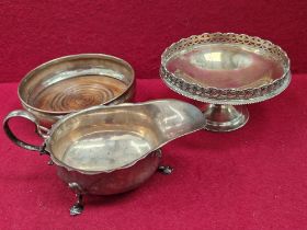 HALLMARKED SILVER TO INCLUDE A TAZZA, SAUCE BOAT AND A WOOD AND SILVER WINE COASTER. GROSS WEIGHABLE